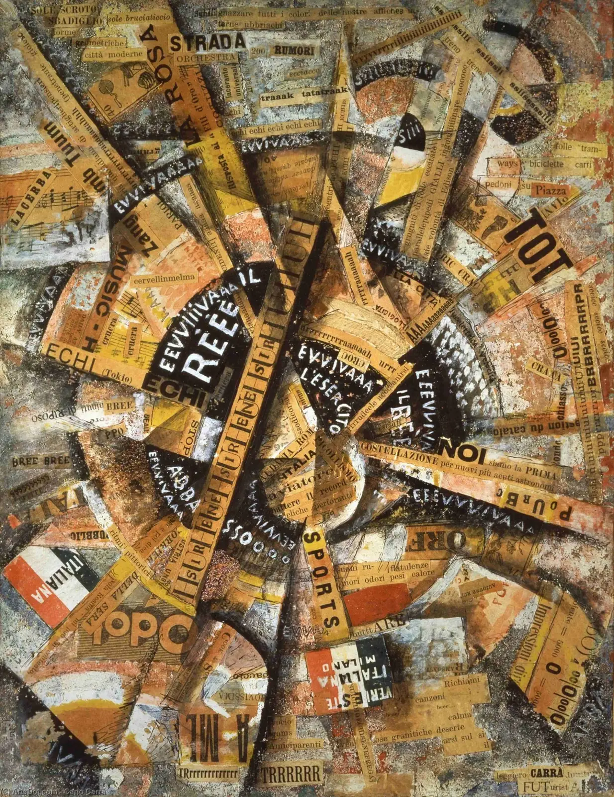 Carlo Cara: Manifestazione interventista (Festa patriottica – dipinto parolibero) 1914